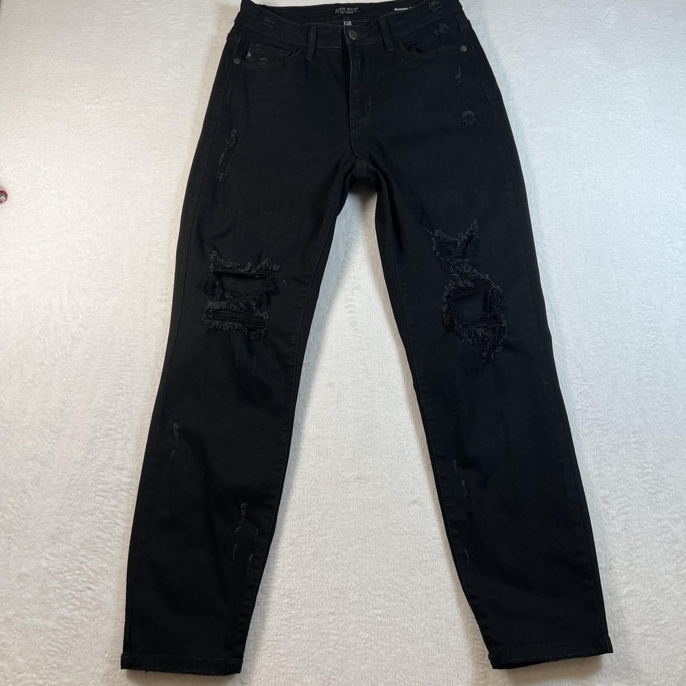 Judy Blue Boyfriend Jeans Womens 7/28 Black High Rise Distressed Stretch Denim